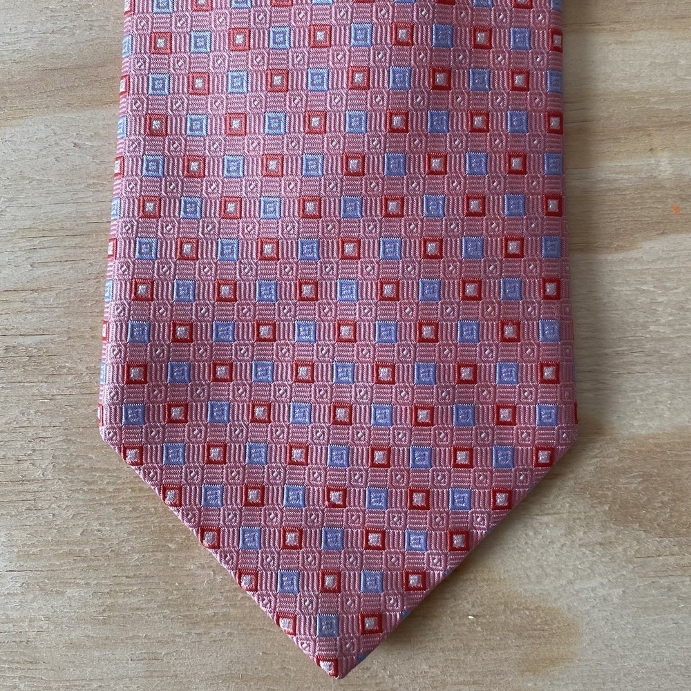 Brooks Brothers 346 Tie Geometric 100% Silk Pink Blue Woven In Italy Square